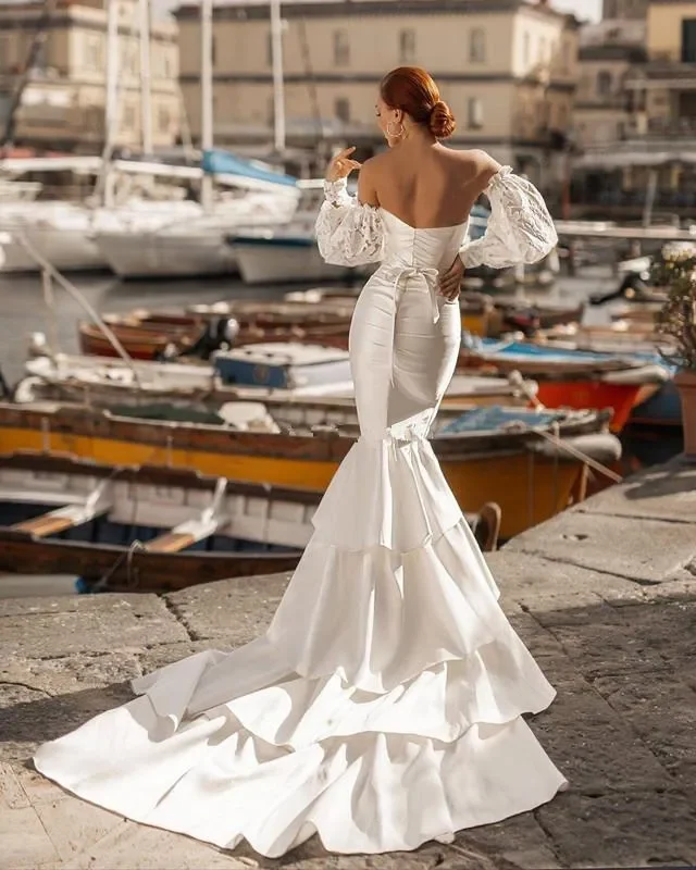 Unique Mermaid sweetheart Wedding Dress 3D flowers with Detachable Long Sleeve Off Shoulder Plus Size Garden Bride Dresses Robes