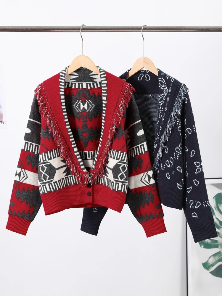 Tassel Patchwork Printed Cardigan Women Turn-down Collar Long Sleeve Knitted Fashion Lady Sweater Vintage 2025 Autumn Cardigans