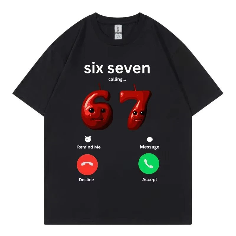 Gen Alpha Viral Meme Six Seven 67 Incoming Call Print T Shirt Retro Y2K Harajuku Loose Cotton Streetwear Tee for Men Women