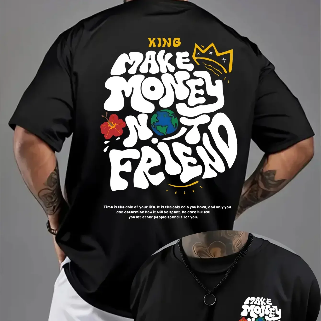 

MAKE MONEY NOT FRIEND Men's Graphic T-Shirt - Motivational Slogan Tee with Crown & Globe Design, Regular Fit Casual Summer Shirt