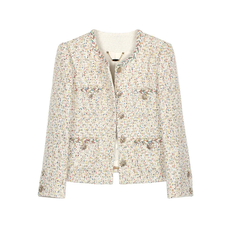 Heavy industry woven colored wool tweed elegant small fragrant coat exquisite foreign style top