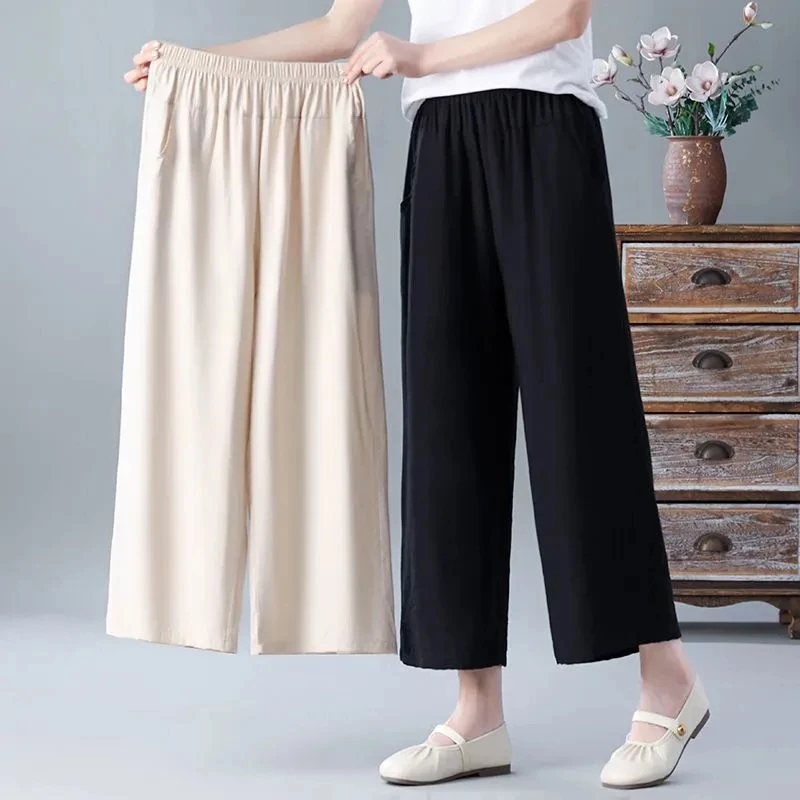 Middle aged Elderly Women Cropped Pants Summer Wide leg Pants Women Plus size loose long Pants Woman Elastic Waisted Casual Pant