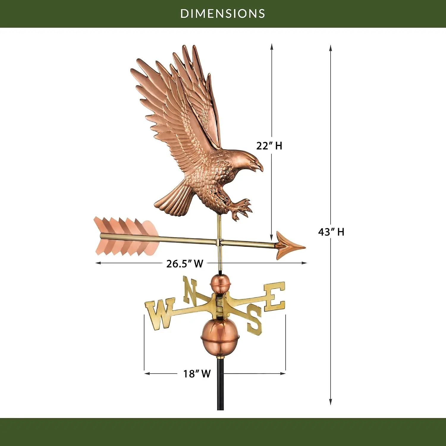 American Bald Eagle Copper Weathervane, Includes Adjustable Roof Mount for Easy Installation - Hand-Polished Copper, Customized