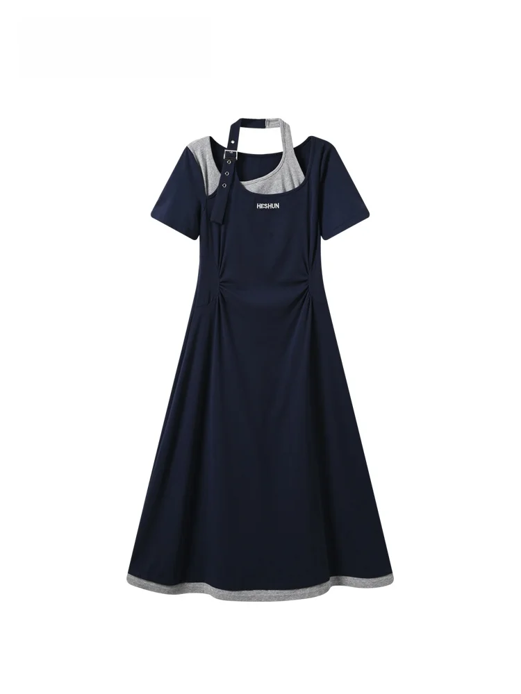 

CaraCLUB plus Size Short Sleeve Dress Women's Fashion Splice Slimming Skirt Summer New Style Casual Comfortable Cotton Dress