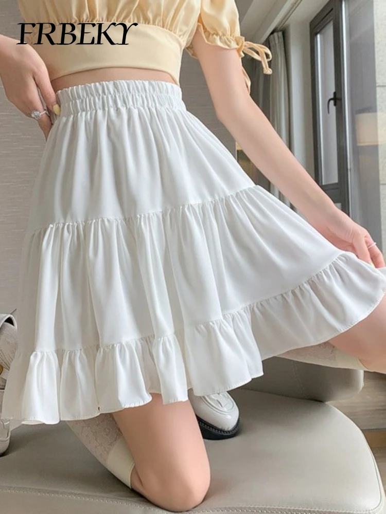 Summer New White Chiffon Skirt High Waist A-line Thin Ruffled Pleated Half-body Skirt Korean Fashion Streetwear Skirts for Women