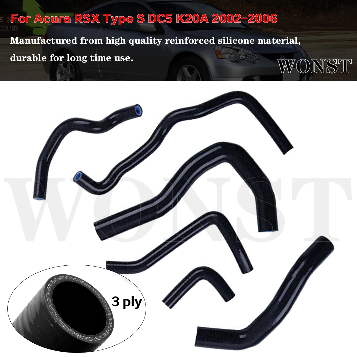 

6Pcs Black For 2002-2006 Acura RSX Type S DC5 K20A Silicone Radiator Heater Hoses Tubes Kit Piping 2003 2004 2005