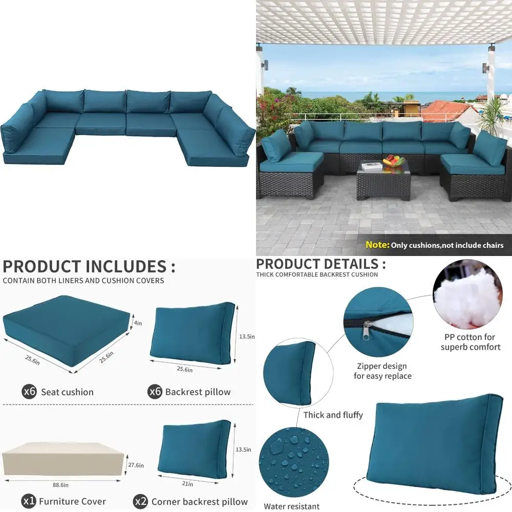 

Water-Resistant Replacement Cushions for 6-Seat Sectional Rattan Conversation Set, Outdoor Patio Furniture