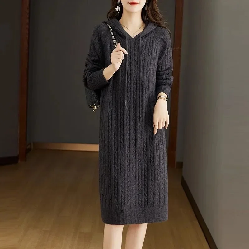 Vestido suéter con capucha para mujer Otoño e Invierno 2024 nuevo vestido suelto con capucha con Base de punto hasta la rodilla vestido de tubo recto jersey