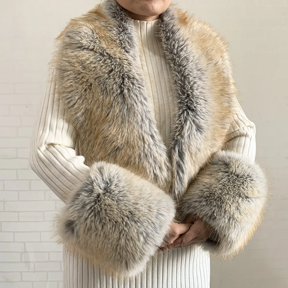 Luxury Large Size Faux Fur Collar Set Oversized Thick Warm Fur Cuff Set Detachable V Shape Fur Trim Accessories For Women Winter