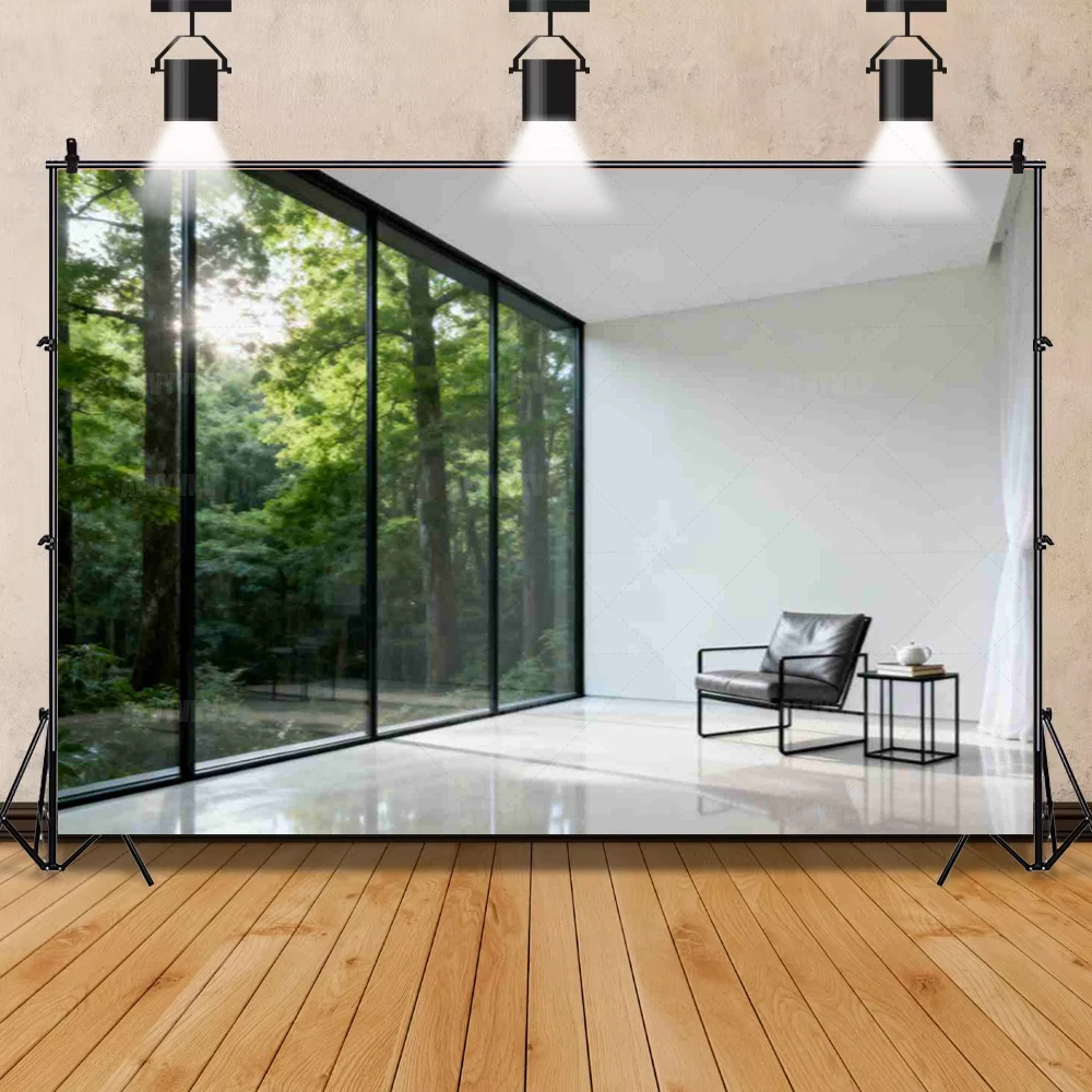 Large Window Forest View Natural Light Greenery Cozy Reading Nook Photography Backdrop Modern Interior Scenery Photo Booth Prop