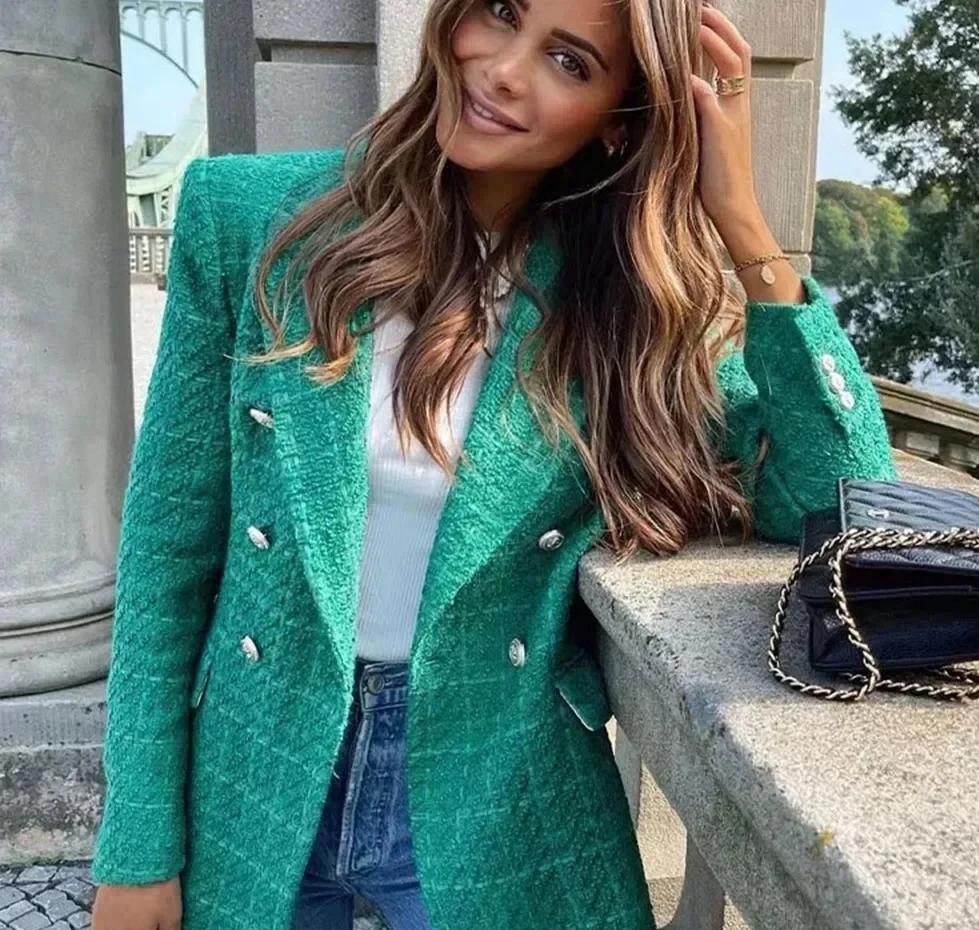 

Осенний новый стиль женской одежды, модная универсальная текстура, двубортный костюм средней длины, пальто