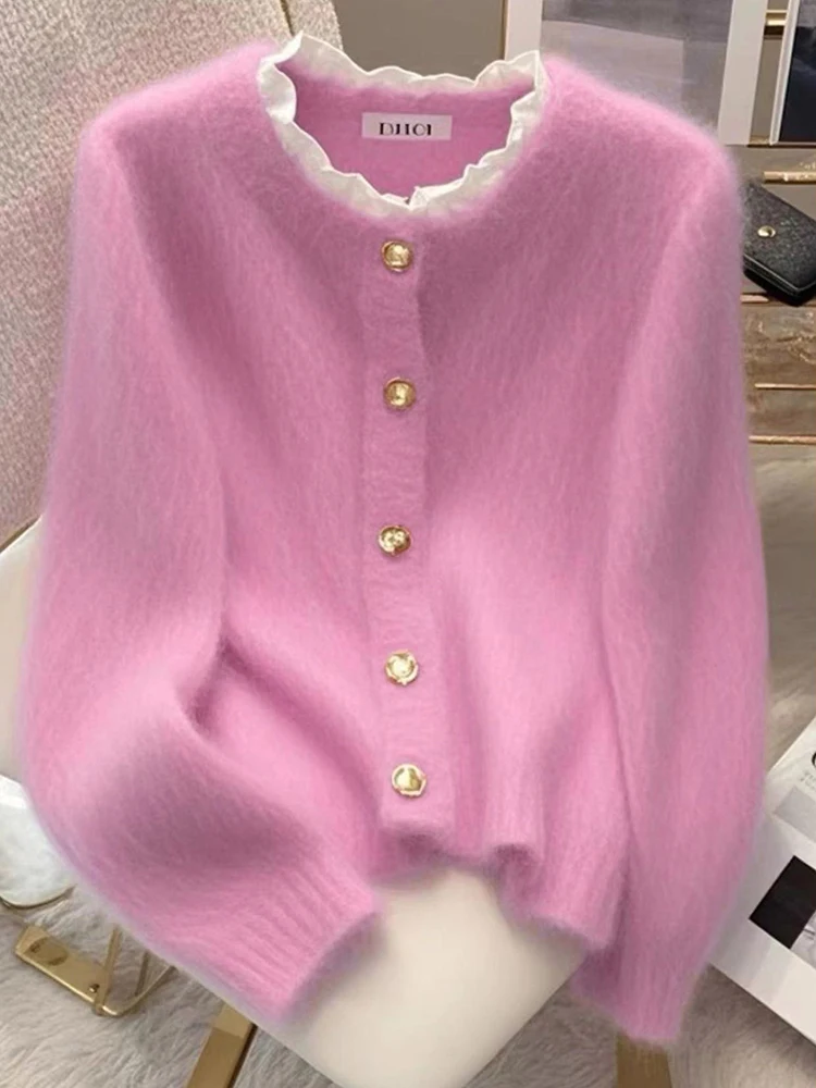 

2026 Winter Thiened ort Knitted Sweater Pink Lazy Sle Coat for Small Figures Commute Sle Warmth Heating Function