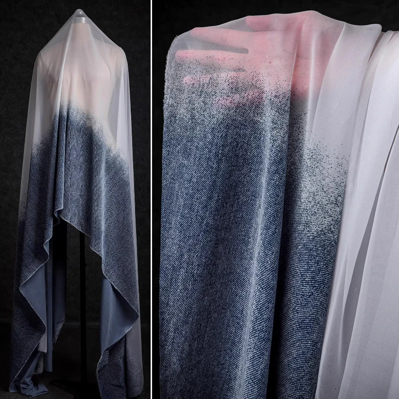 

Navy White Gradient Reconstructed Texture Fabric Runway Collection Silky Touch Fashion Design Material Dresses Blouses Textile