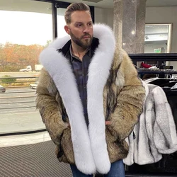 Men Fur Coat Natural Fox Fur Coat White Fur Collar Luxury Winter Men's Coat Full Skin Coyote Fur Jacket Warm High Quality