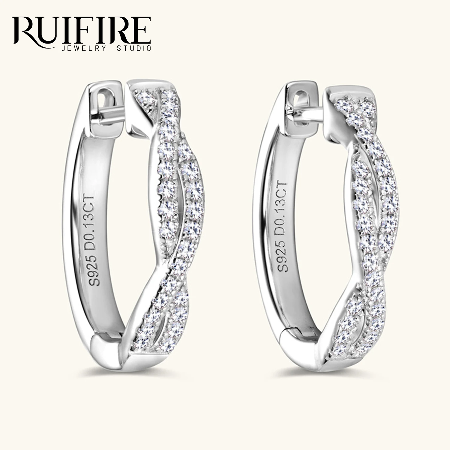 

RUIFIRE S925 Sterling Silver Hoop Huggies Earrings Moissanite Fine Jewelry Twisted dough Jewelry For Women Gift Engagement