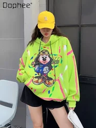 Fashion Cartoon Beads Rhinestones Color-Contrasting Stripe Oversized Hooded Sweatshirts Women Autumn Mid-Length Loose Hoodies