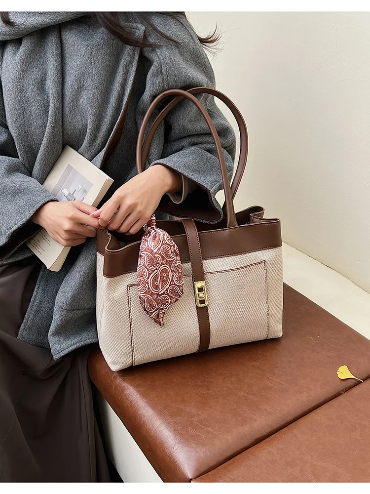 Women's Trendy Large Capacity Underarm Tote Bag - Premium Quality Versatile Design with Silk Scarf Detail for Commuters