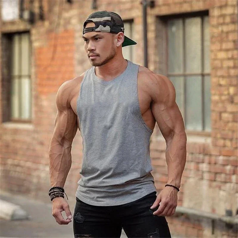 

Plain Gym Sports Bodybuilding Fitness Workout Mens Summer Solid Color Cotton O-neck Bodybuilding Fitness Muscleguys Tank Top