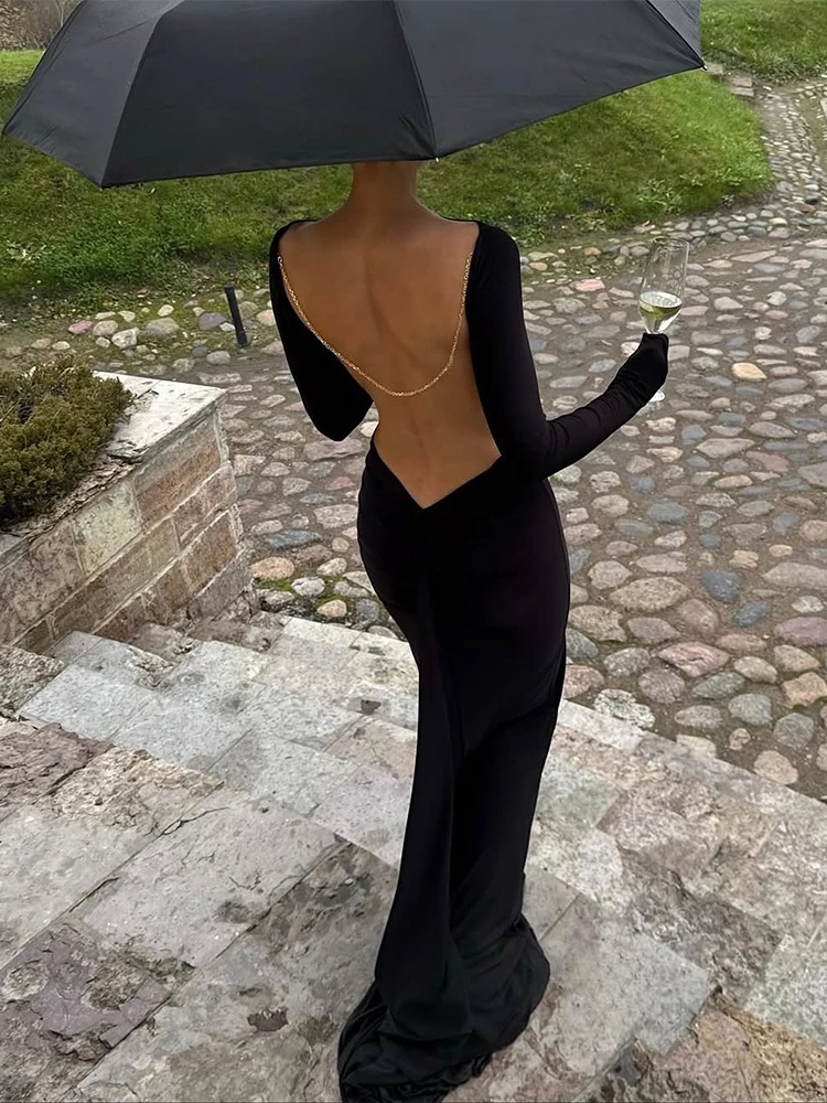 Kliou Metal Chain Backless Elegant Long Dresses Woman o-Neck Full Sleeve Skinny High Waist Midnight Prom Party Classic Vestidos - Image 5