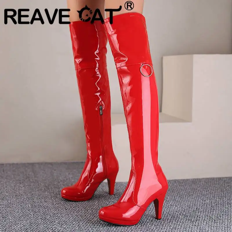 REAVE CAT Thigh Boots 50cm Shaft Round Toe Thin Heels 9.5cm Zipper Metal Decoration Big Size 43. Platform Fashion Party Booties