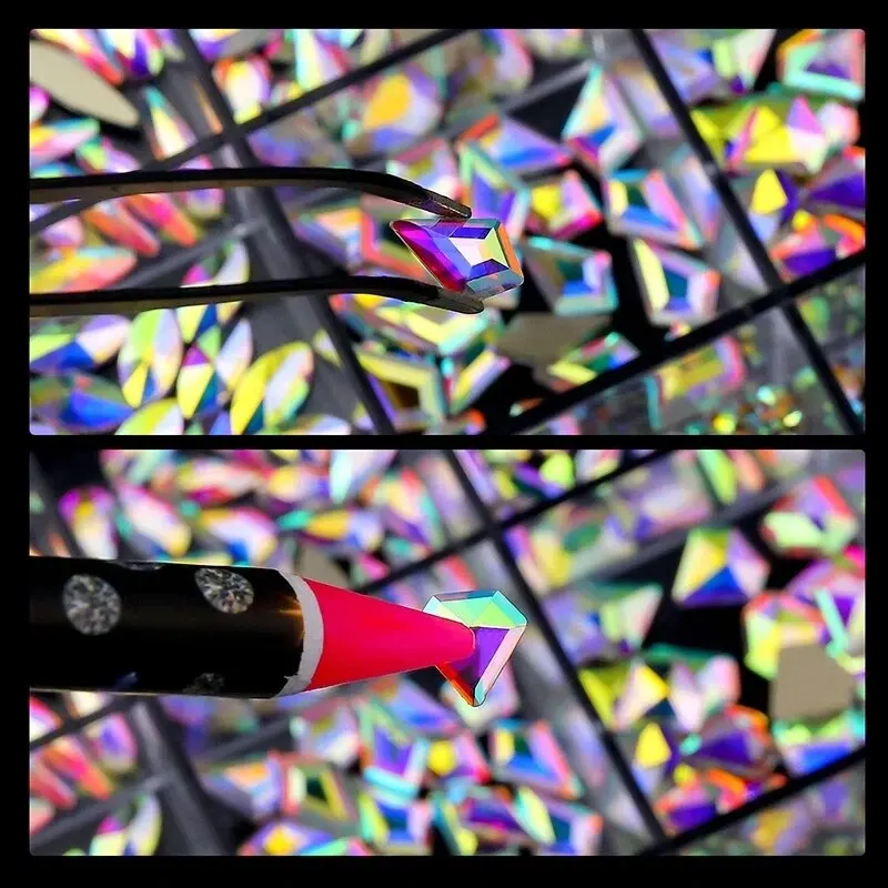 Strass multi-formes AB à fond plat, 12 grilles, pierres précieuses colorées pour décoration Nail Art avec pince à épiler, stylo de perçage, outil de manucure