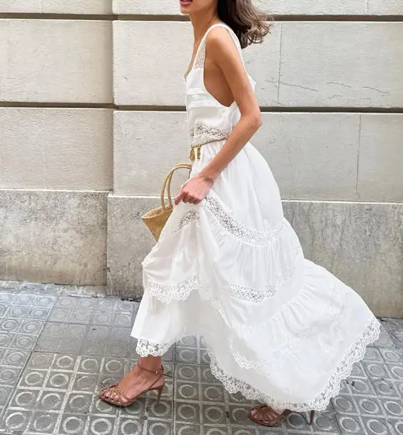 

2026 Elegant Sexy Summer Bohemian Style White Long Lace Patchwork Cake Skirt for Women Lazy Casual Fashionable Suspender Dress