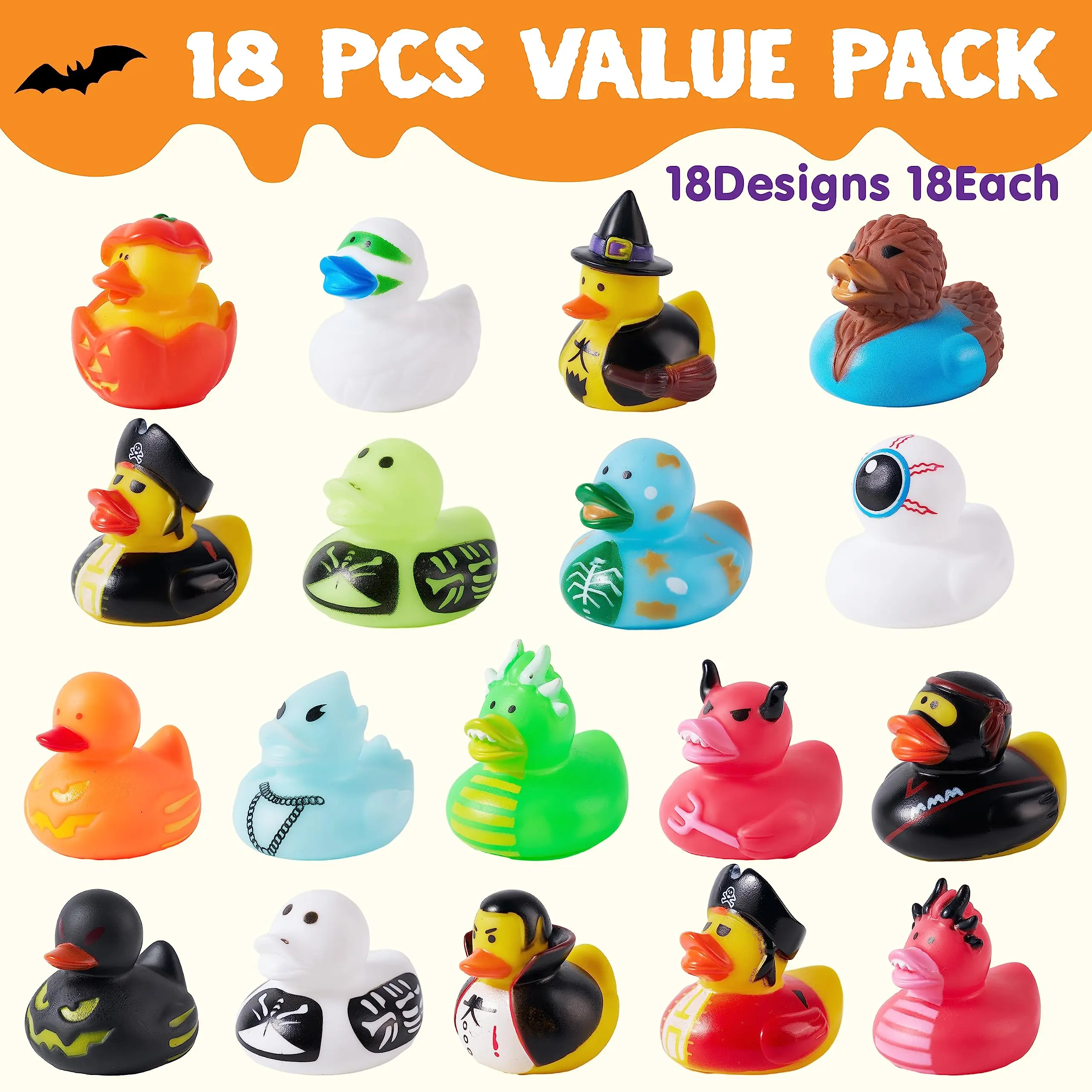 18 PCS Halloween Nowość Gumowa Kaczka, Klasyczna Kaczka Świetna na Halloween Impreza, Kąpiel Dziecka, Basen Halloweenowy Zabawka do kąpieli dla
