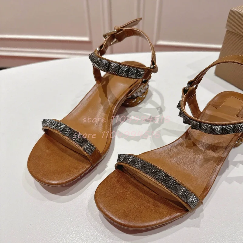 Brown Rivet Weave Chunky Heels Sandals Women Black Round Open Toe Buckle Strap Heels 2025 Sexy Fashion Party Summer Casual Shoes