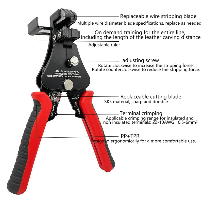 Rentang Pengupasan Pengupas Kawat Multifungsi 0.5-6Mm AWG22-10 dengan Pemangkas Benang & Terminal Tang Crimping Alat Listrik