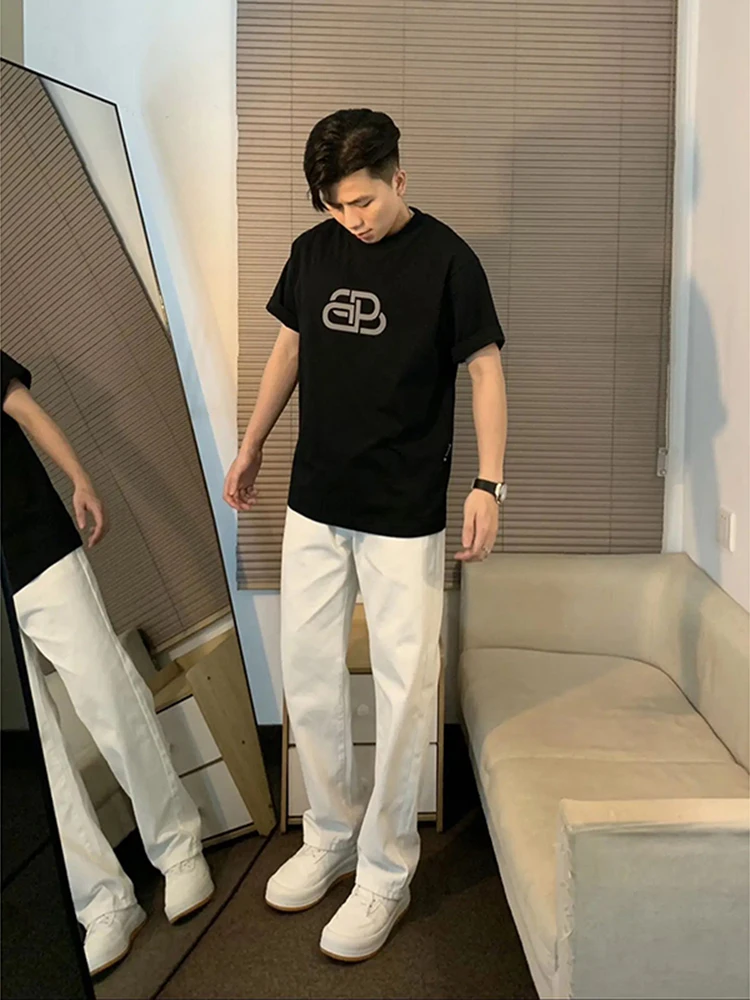 

White Draped Slim Fit Men's Jeans Thin Summer Long Trousers American High Street Sle Knee-Length Bootcut Wear Resistant