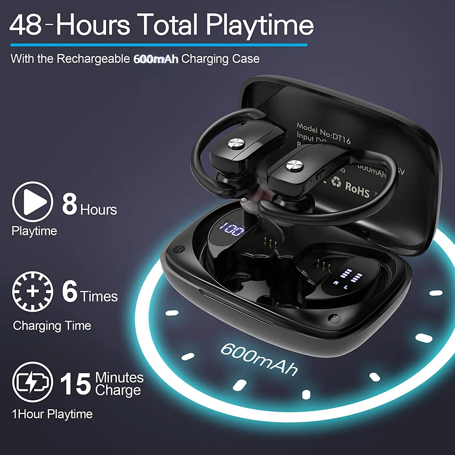 T16 Sport Wireless Earbuds Bluetooth Headphones 48hrs Play Back Sport Earphones with LED Display Over-Ear Buds Headset Workout