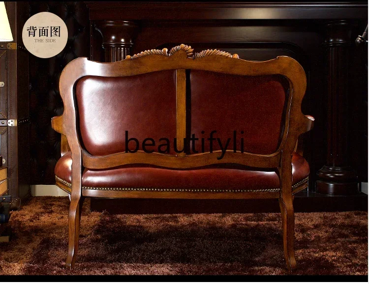 

American solid wood retro carved living room double sofa light luxury sofa villa furniture9344