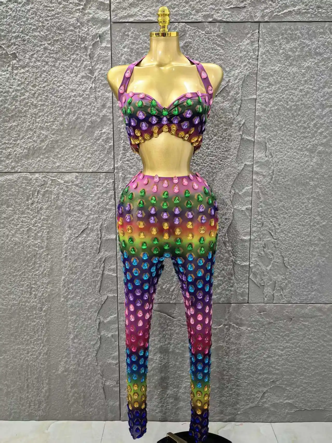 

Sparkly Colorful Crystals Sexy Halter Crop Top Pants Two Pieces Sexy Birthday Celebrate Outfit Leggings Dance Costume Stage Wear