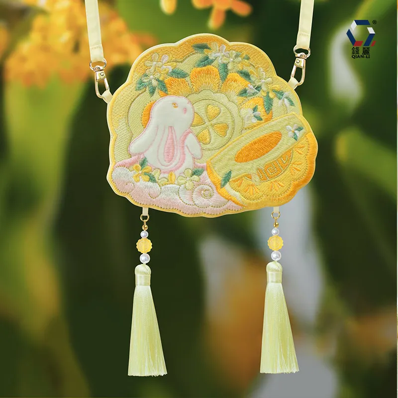 Vintage Embroidered Beige Hanfu Crossbody Bag Mid Autumn Mooncake Cute Rabbit Pattern With Soft Strap And Tassels For Women Kids