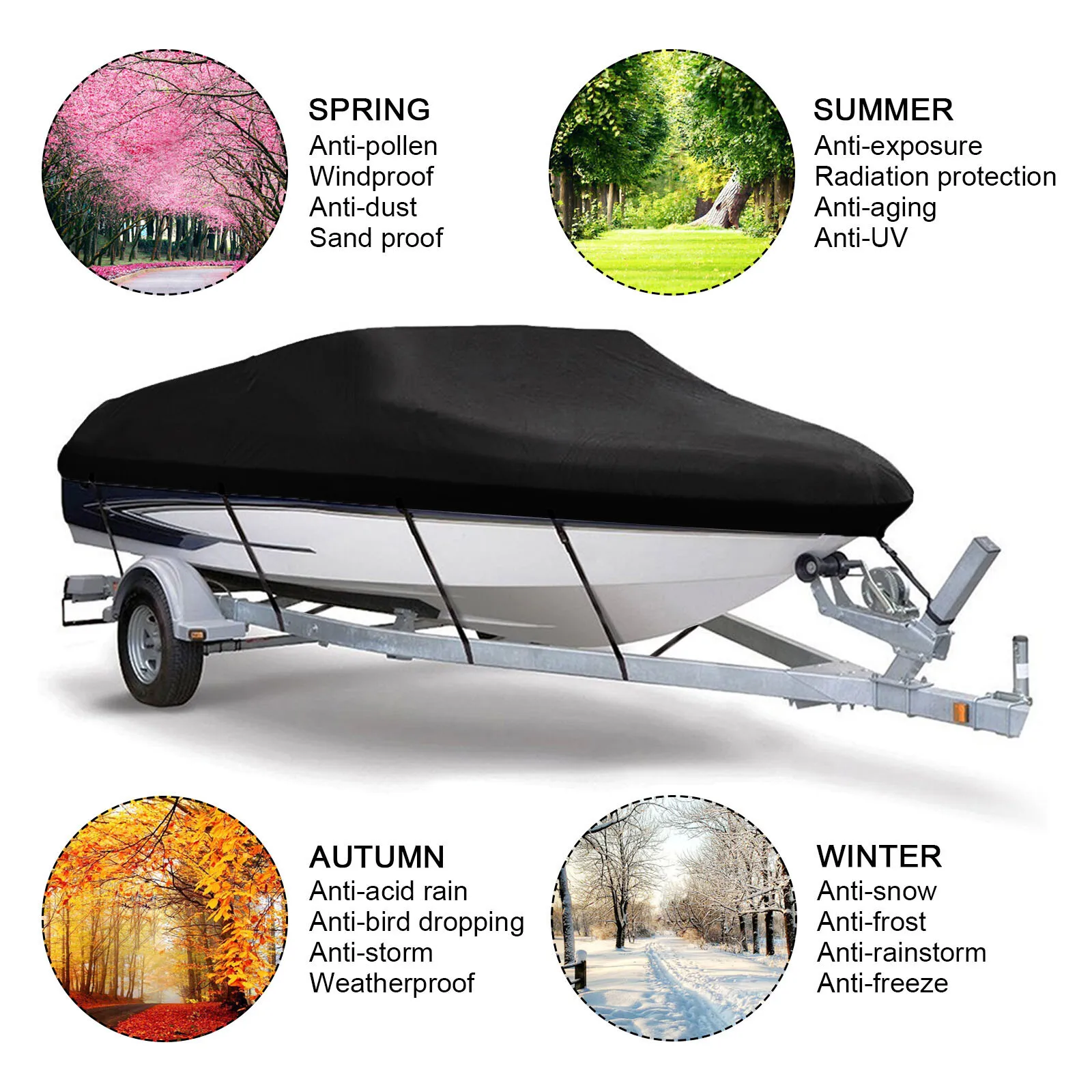 Black Trailerable Boat Cover 14-16FT 4.2-4.7M Jumbo Heavy Duty Marine Grade Protector For V-Hull Runabout Fishing Ski Boat