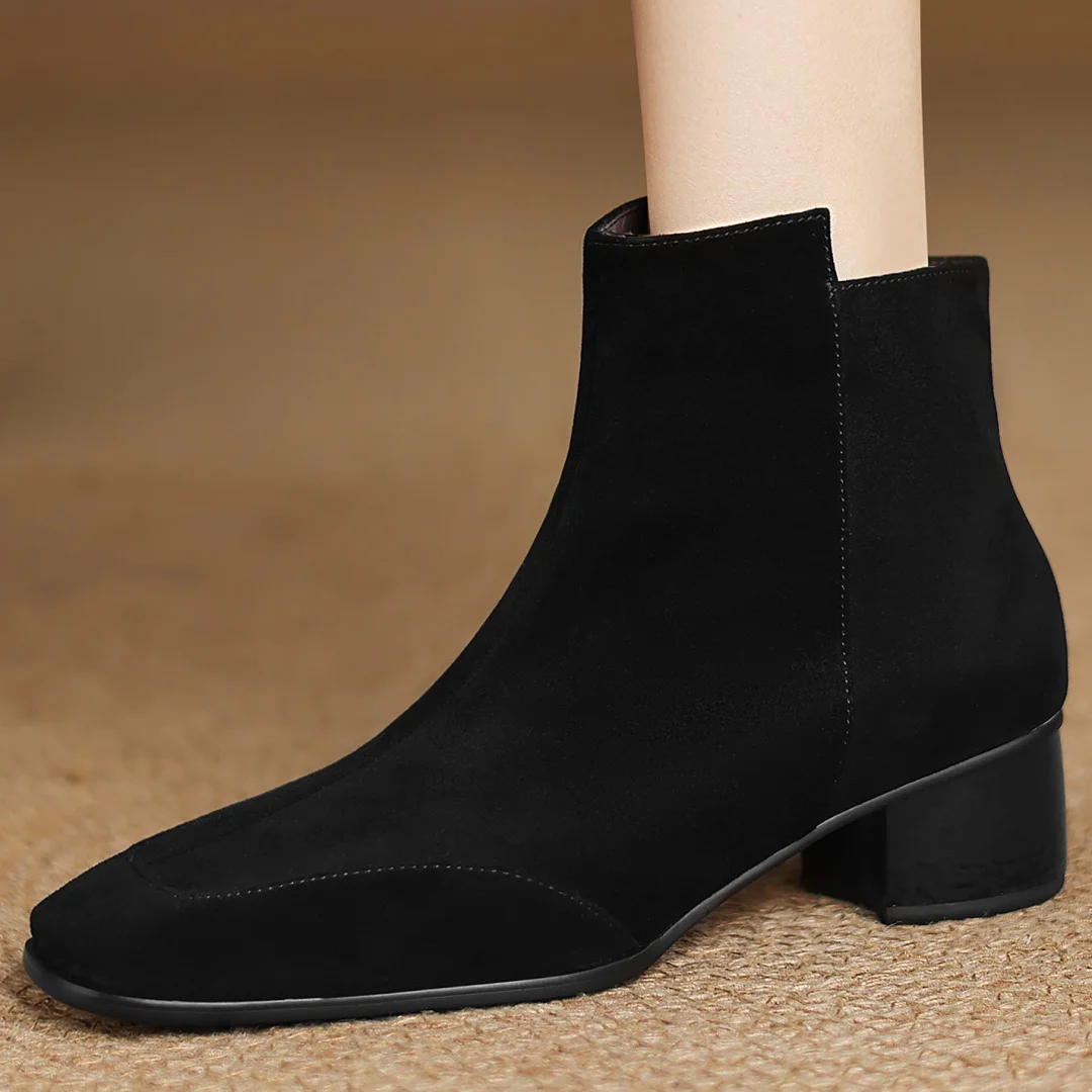 

Большие размеры 34–41, женские осенние ботильоны из натуральной замши с квадратным носком и боковой молнией, повседневные короткие ботильоны на толстом среднем каблуке 4 см, хит продаж