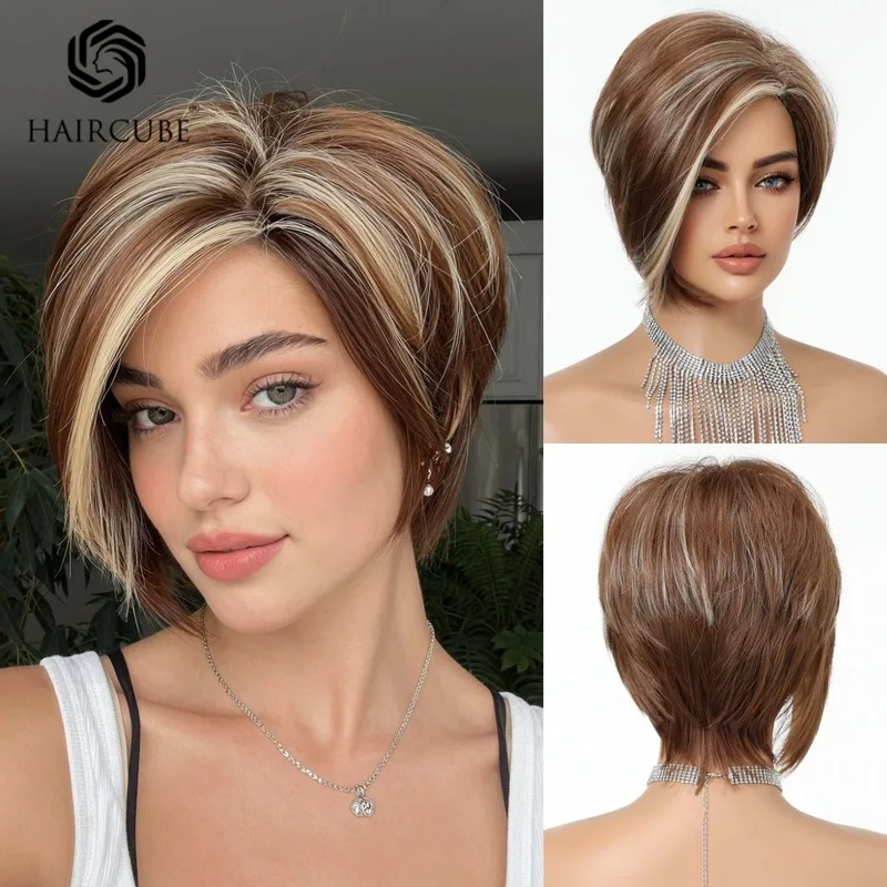 Side-parted wig bobo-style short hair with a natural voluminous look featuring highlights and customized styling