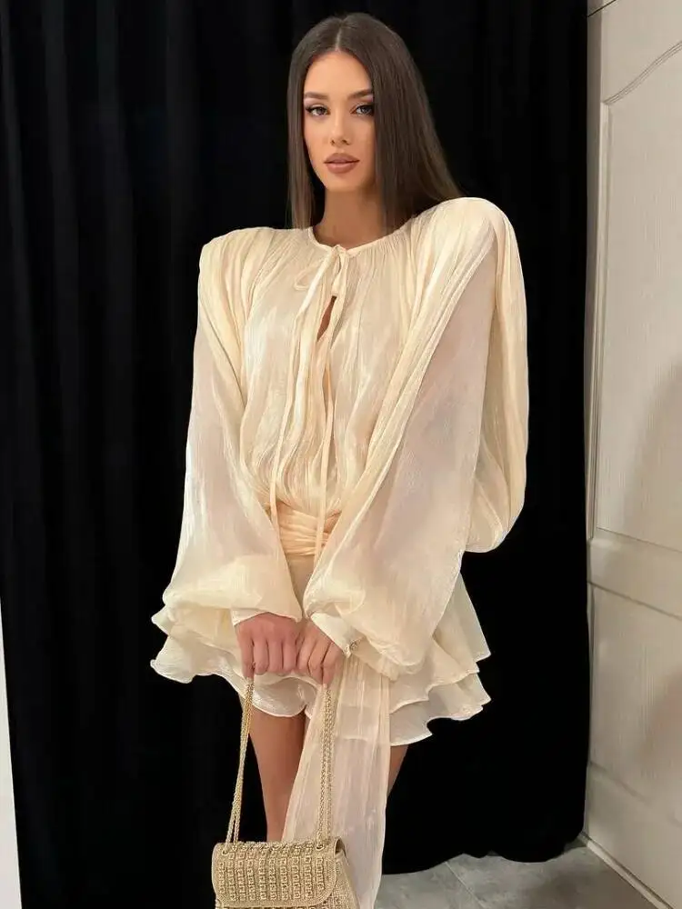 Fasion malha em camadas plissado vestido feminino sexy manga longa rendas até bodycon mini vestidos chique verão noite clube vestido de festa