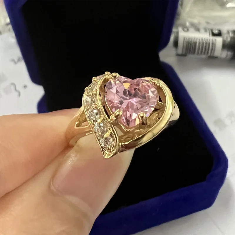 Queen Heart Pink Sapphire Ring 10K Gold Wedding Band Rings for Women Bridal Engagement Promise Party Jewelry