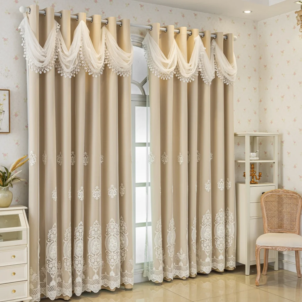 Europäischer Vintage-Spitzenvorhang mit Stickerei, Halbtransparent, Doppellagiges Design, Perfekt für Wohnzimmer- und Schlafzimmerdekoration