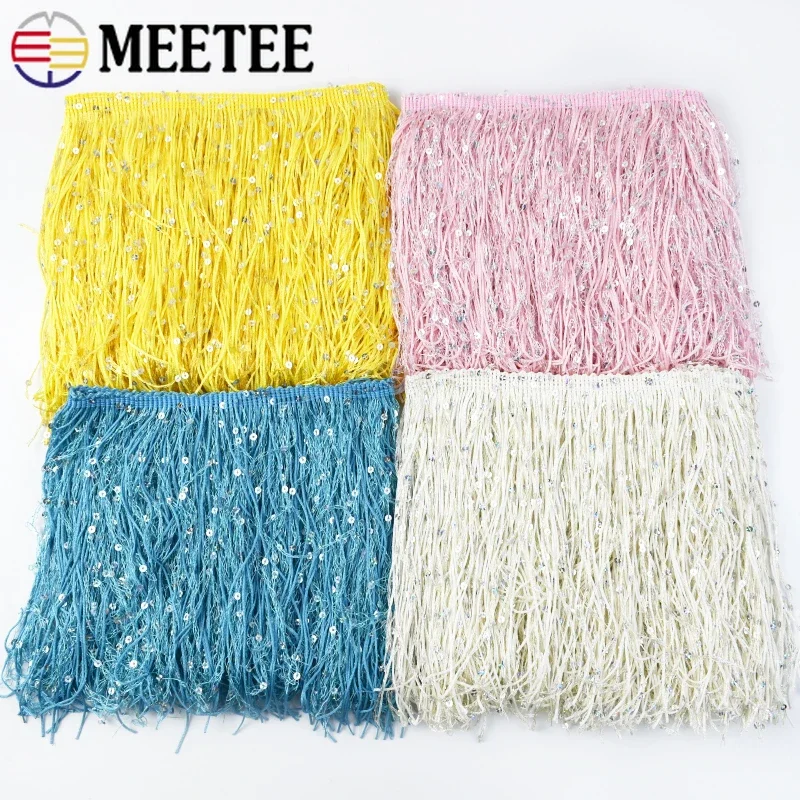 Meetee 1-4Meters 20cm Sequin Tassel Lace Trims Glitter Fringe Ribbon for Latin Fringed Skirt Performance Decor Trim Accessories