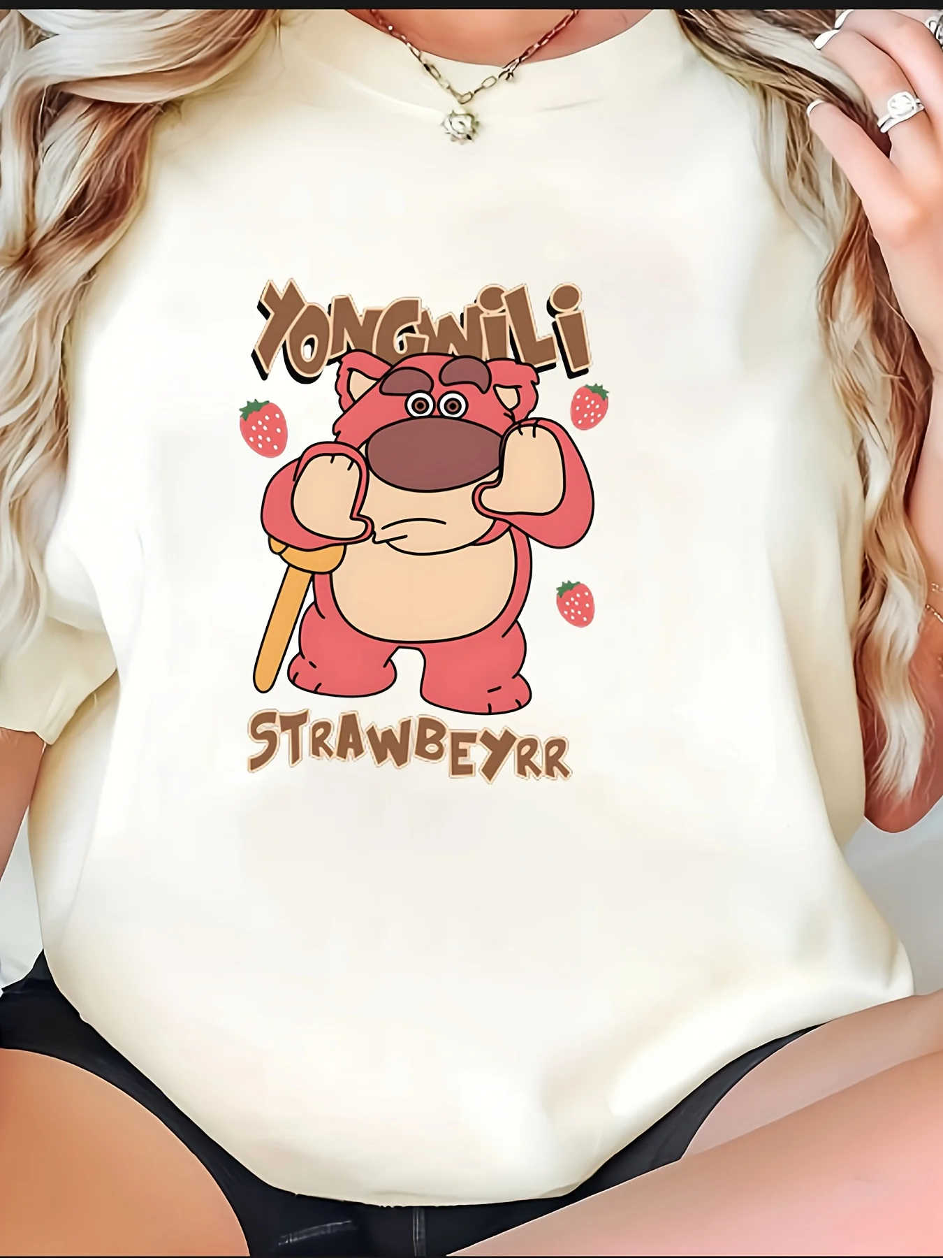 

Strawberry Bear Graphic Printing Summer Autumn Winter Cotton Men's and Women's T-Shirts Short Sleeves Luxury Outdoor Sports