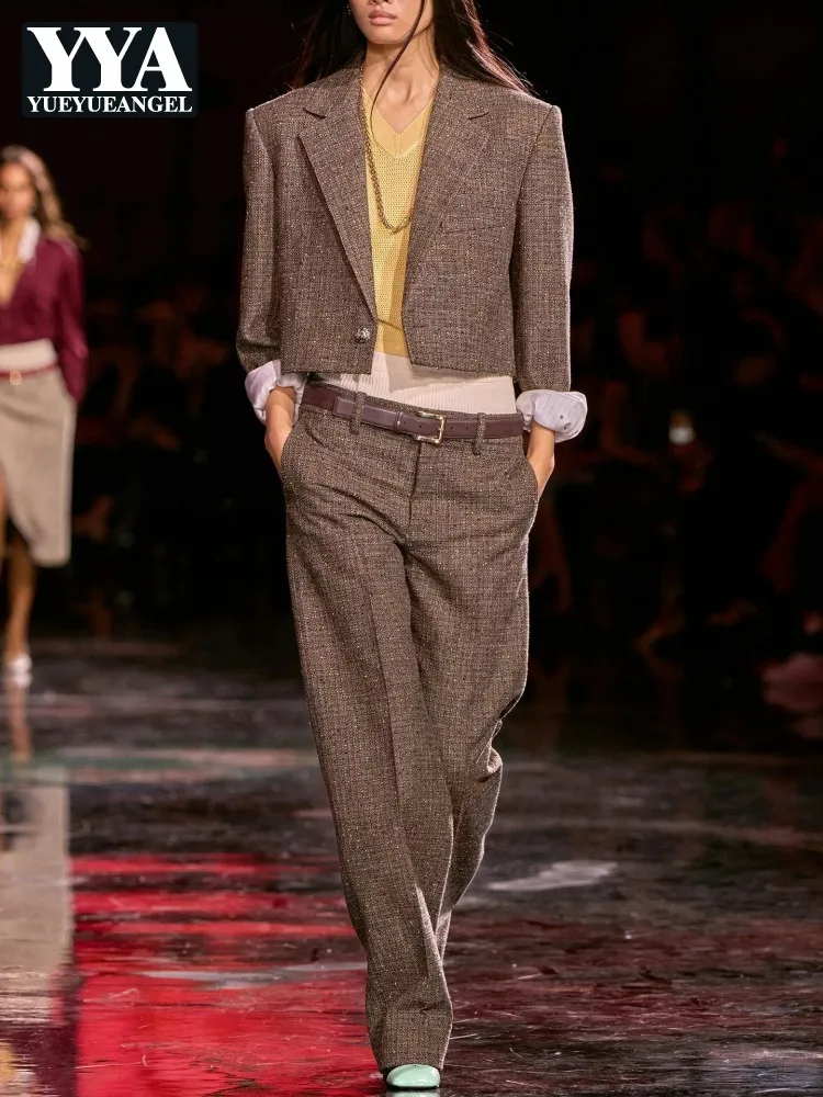 Spring Autumn Office Ladies Elegant Single Button Tweed Short Suit Jacket Wide Leg Pants Design Fashion Women Two Piece Sets