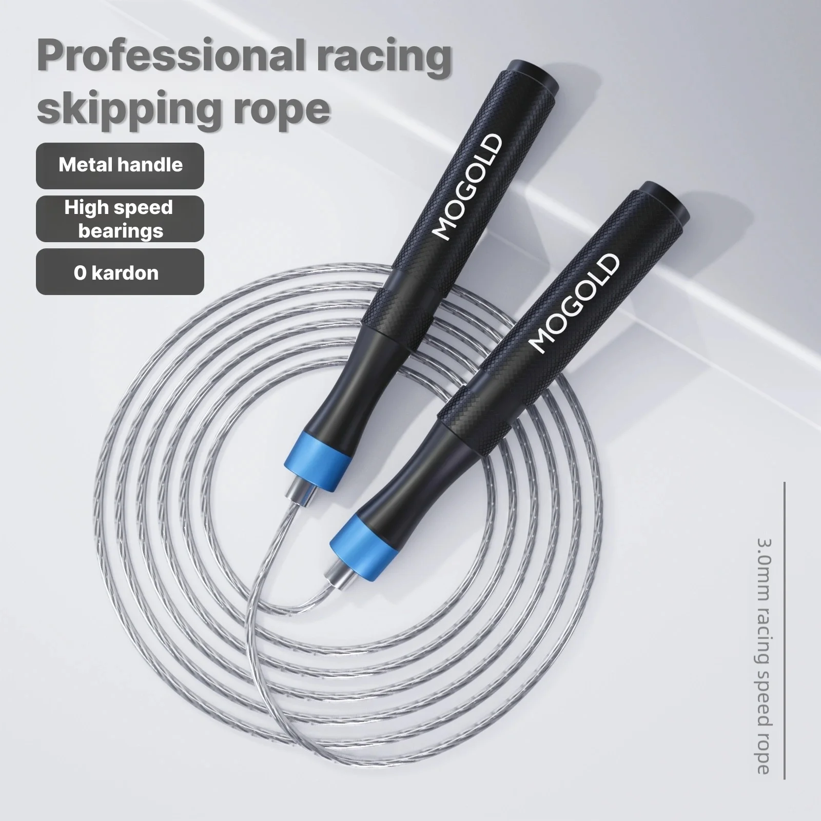 حبل قفز سريع احترافي من MOGOLD مع مقابض معدنية، ومحامل عالية السرعة وتشويش صفر، وكابل سباق 3.0 مم