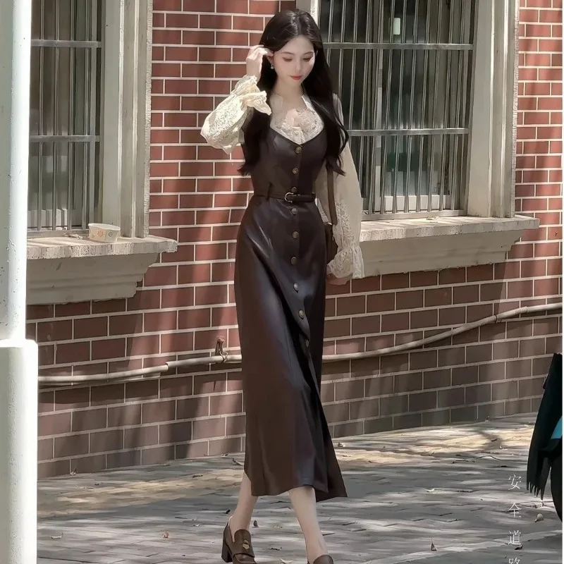 

Женские весенне-осенние изящные кружевные рубашки из искусственной кожи, платье-майка, костюмы из двух предметов, женские французские винтажные топы, комплекты платьев без рукавов