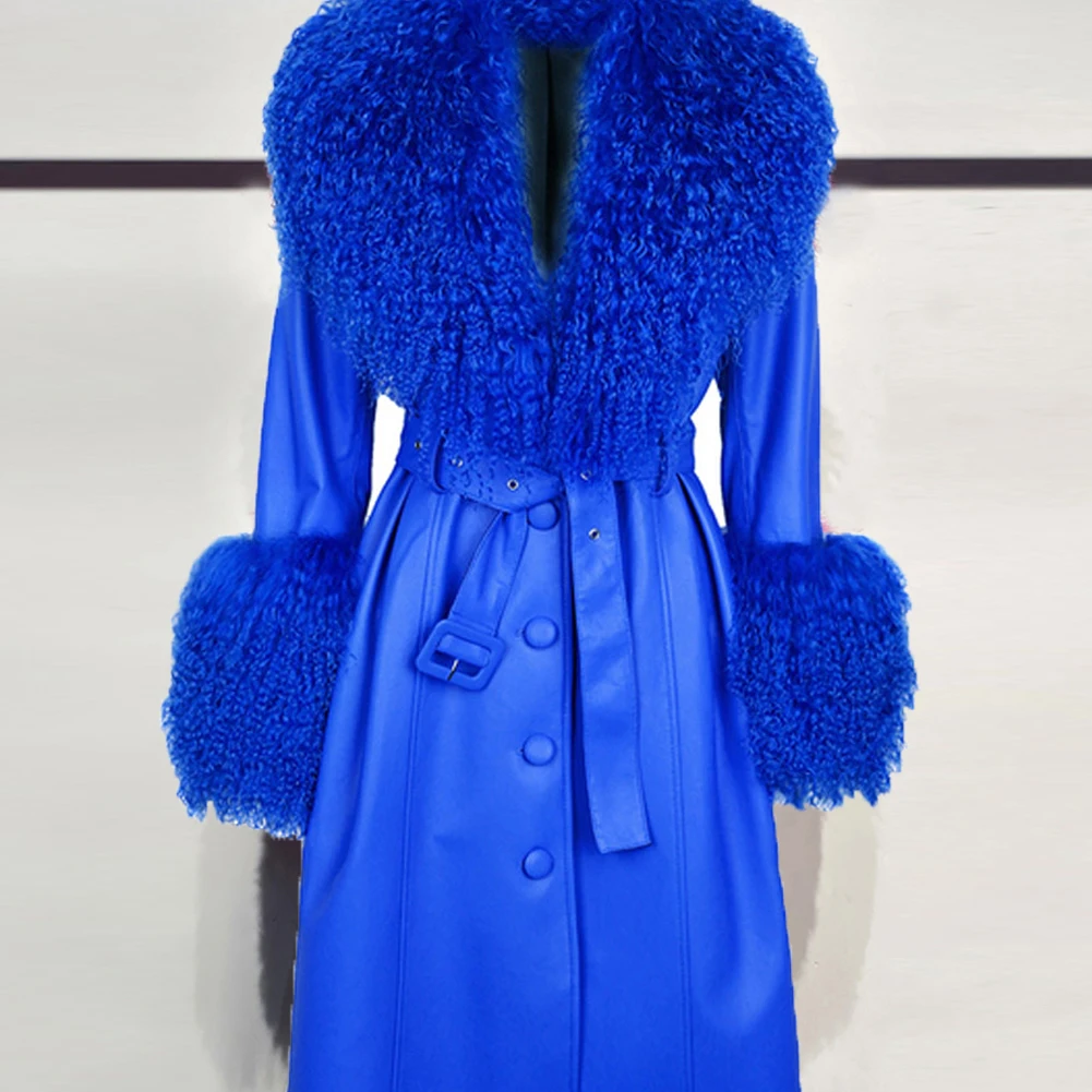 Denny&Dora Plus Size Women Genuine Leather Trench Coat With Mongolia Sheep Fur Collar Long Royal Blue Coat