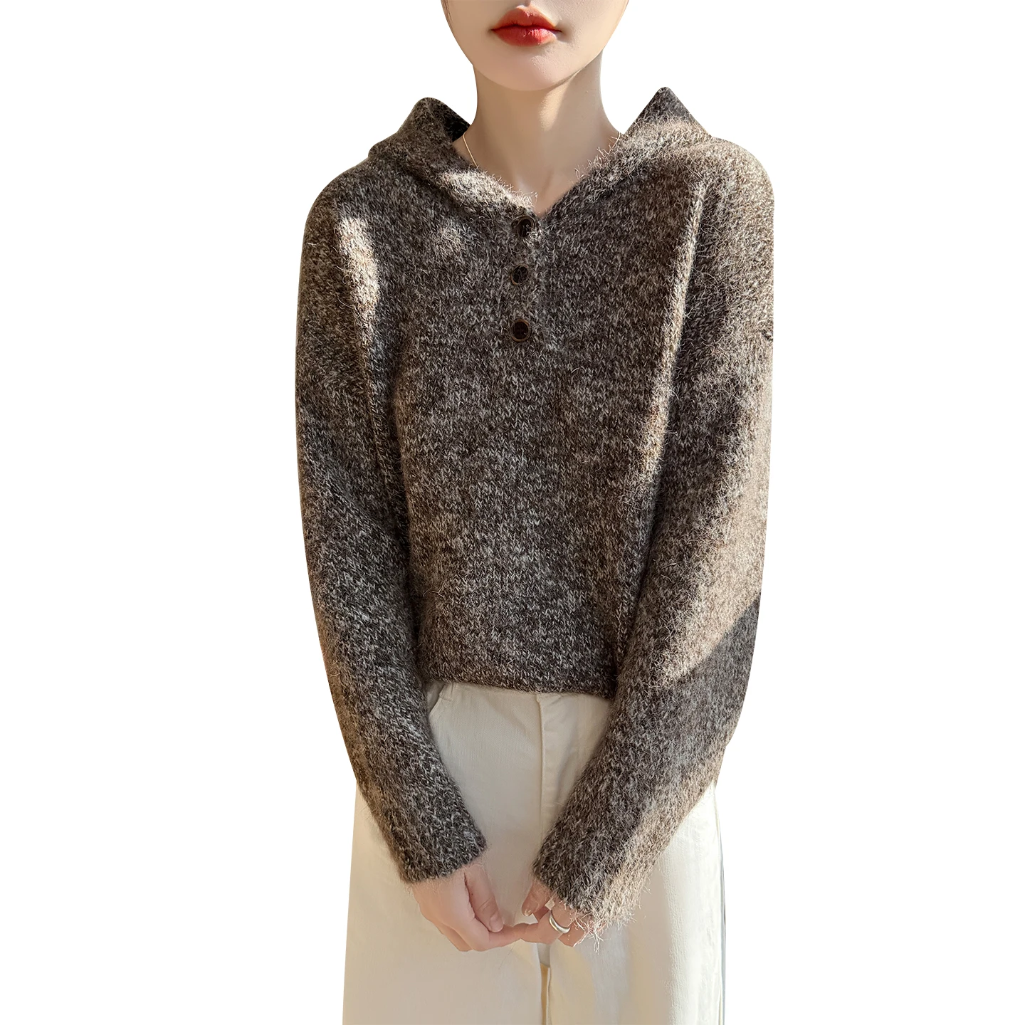 

New Model Flower gauze Hooded Pullover Women Knitting Merino Wool Sweater Thicken Loose High quality Long haired style Tops