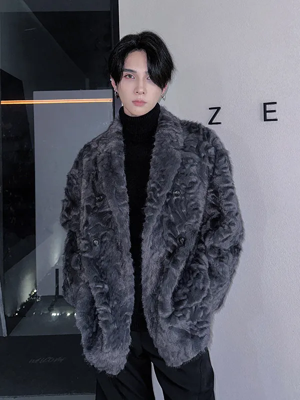 

Korean Sle Luxury ort Men's Jaet Lake Lamb Fur Coat Double Row Buttons Heavyweight Vintage Casual Faion Outerwear