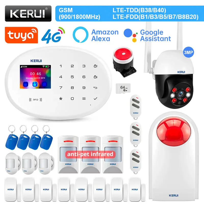 KERUI W204 Alarm System for Home 4G WIFI GSM Alarm Pet Friendly Motion Sensor Detector Alexa Door Sensor Flashing Siren RFID Tag