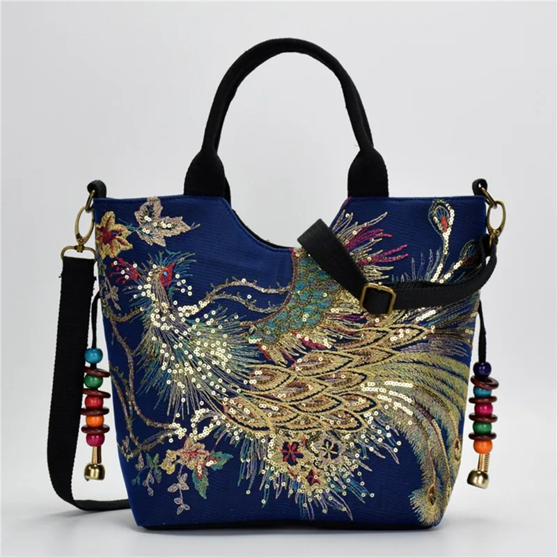 Women Shoulder Bag Handmade Shiny Peacock Embroidered Bohemia Handbag Retro Large Capacity Canvas Tote Shopping Messenger Purse